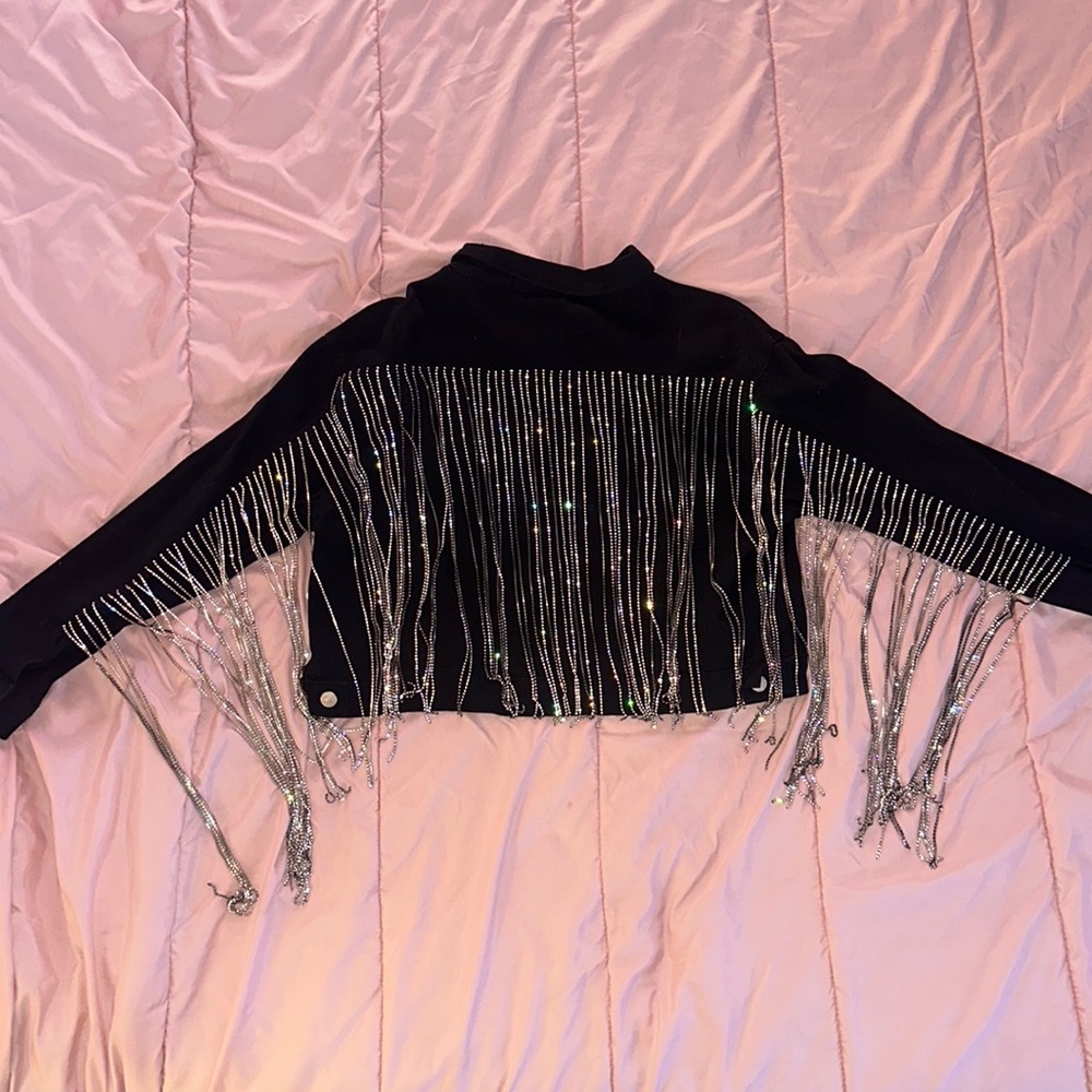 Azalea Wang cropped black Jean jacket with rhinestone tassels